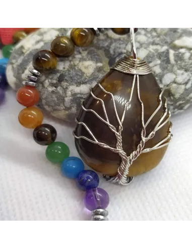 Collier de protection 7 chakras et arbre de vie en œil de tigre
