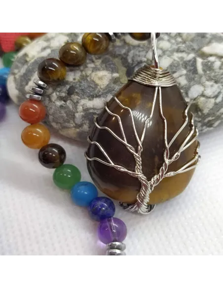 Collier de protection 7 chakras et arbre de vie en œil de tigre