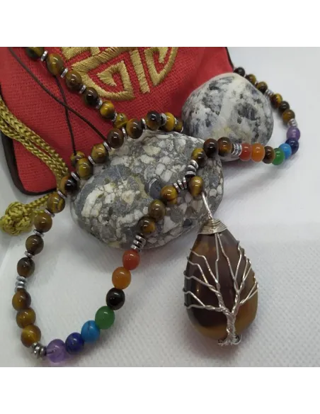 Collier de protection 7 chakras et arbre de vie en œil de tigre