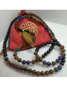 Ensemble bracelet et Mala en Onyx noir, Lapis, œil de tigre et pendentif œil de tigre