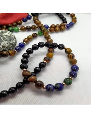 Ensemble bracelet et Mala en Onyx noir, Lapis, œil de tigre et pendentif œil de tigre