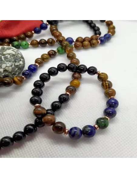 Ensemble bracelet et Mala en Onyx noir, Lapis, œil de tigre et pendentif œil de tigre