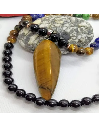 Ensemble bracelet et Mala en Onyx noir, Lapis, œil de tigre et pendentif œil de tigre