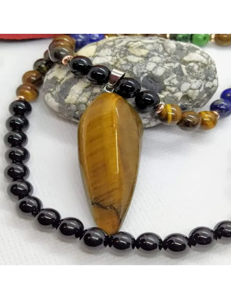 Ensemble bracelet et Mala en Onyx noir, Lapis, œil de tigre et pendentif œil de tigre